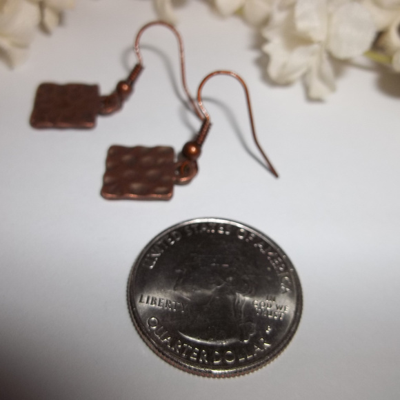 Boho Copper Earrings Dangle Hammered Metal Square Minimalist Style Dangle 3683 - Picture 4 of 7